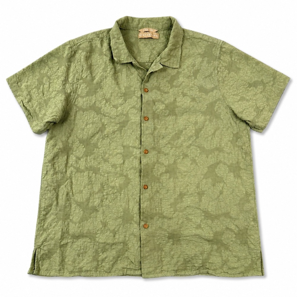 Distortion Shirt Mens Large Olive Green Floral Jacquard Camp‎ Hawaiian Button Up
